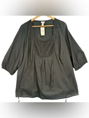 NWT Venezia Plus Size Cotton Peasant Blouse Top 1X Embroidered Black Lace 18/20